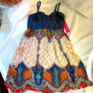 NWT XHILARATION DENIM CAMI STRAPPY HOBO RAYON MIXED PRINT DRESS SMALL NEW